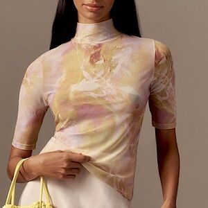 Anthropologie Half-Sleeve Mesh Top in Yellow Motif, NWT